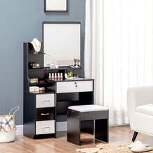 Vanity Table And Stool Set, Makeup Desk With Large Mirror, Open Shelves And 4 Drawers, Black And White - Black - View 3