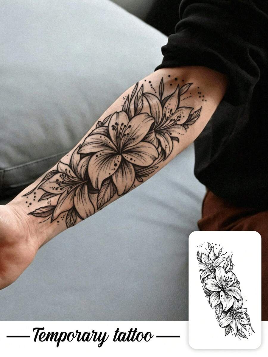 1片黑白點狀寫實百合花簇潑墨點葉紋臨時紋身貼紙,具備真實紋身設計,適合旅行、音樂節、遊戲、畢業禮物,可維持3-5天 - 黑色 - 查看 1