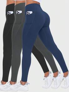 3pcs Women's Tummy Control Fitness Leggings With Pockets Sports - Multicolor - View 4