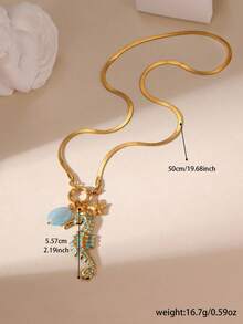 GEREIT 1 pieza Collar con colgante de tortuga, pez y estrella de mar de estilo de vacaciones de moda, chapado en oro de 18K, acero inoxidable, piedra natural y circonita para mujeres, adecuado para usar en vacaciones en la playa - Multicolor - Ver 5