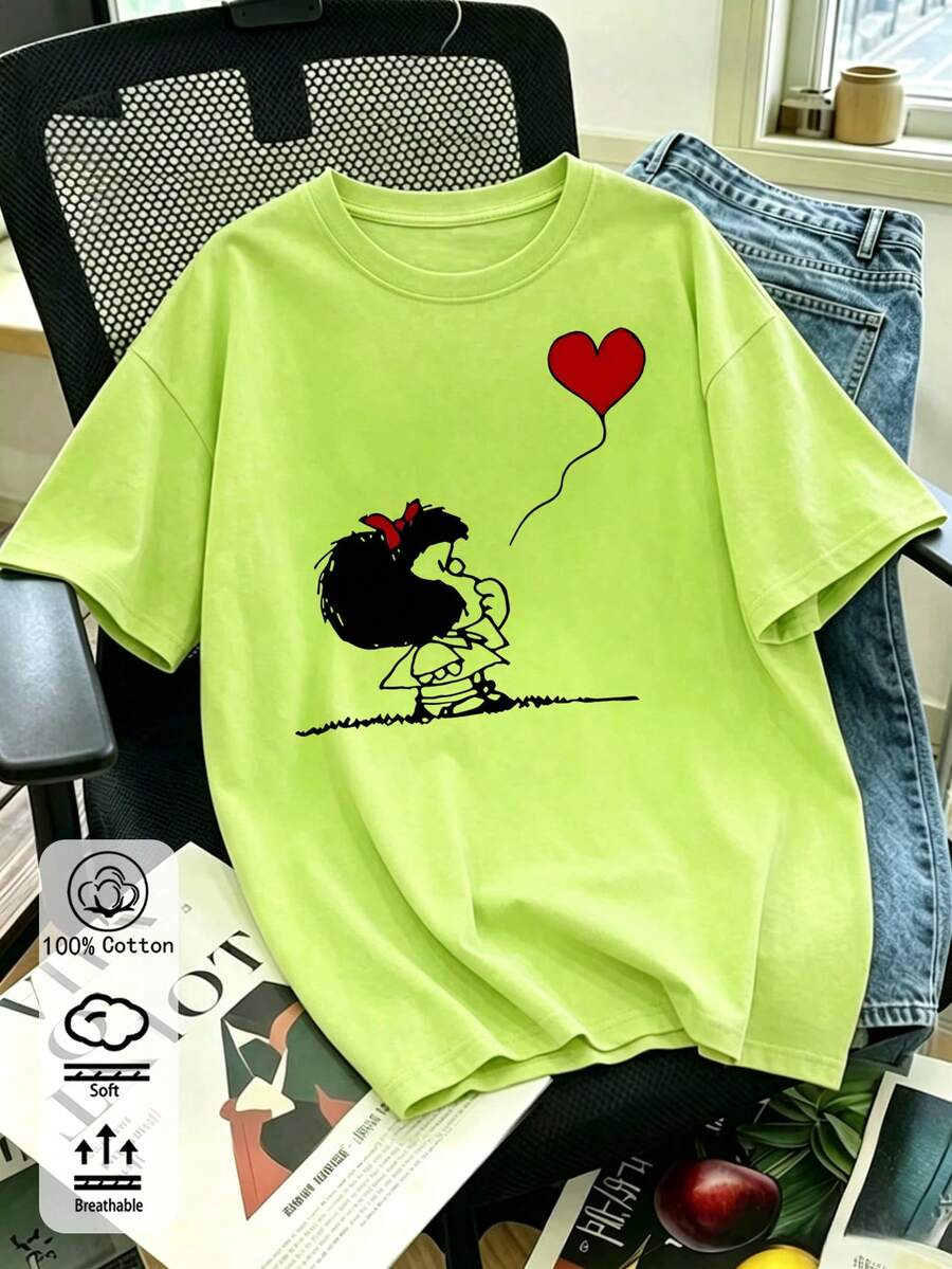 Y2K風格女款綠色純棉T恤,短袖圓領落肩設計,甜美卡通圖案裝飾,休閒風格 - 螢光綠2 - 查看 1