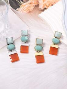 1 Pair European And American Vintage Contrast Color Alloy Geometric Patchwork Dangle Earrings, Unique Gradient Niche Korean Style Lightweight Luxury Fashion Earrings - Geometric Patchwork Earrings - View 3