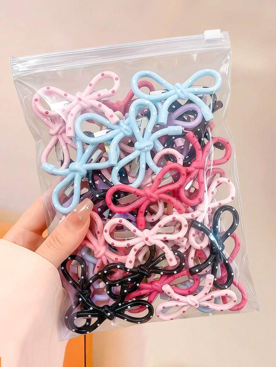 20/10入 多色波點 3D蝴蝶結鱷魚夾髮夾,耐用不傷髮,可愛女孩與兒童髮飾,適合日常配戴、約會、度假與上學 - 彩色 - 查看 1
