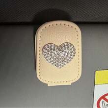 1pc Cute Rhinestone Heart Car Fashion Glasses Clip, Leather Sun Visor Eyeglass Holder, Multifunctional Card Clip For Car Interior Decoration - Love - View 12