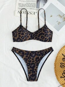 Conjunto de bikini de 2 piezas con tirantes finos y estampado de leopardo sexy para mujeres europeas y americanas, perfecto para vacaciones de verano, natación y playa - Multicolor - Ver 4