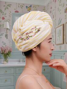 QIBHI Embroidered Floral Women's Hair Drying Cap, Elegant Makeup Hair Tie Cap, Soft Quick-Drying Girls' Garden Bath Cap, Warm Floral, Minimalist Bathroom Hair Drying Cap, Home Decor Girls' Hair Drying Towel, Suitable For Bathroom, Travel, School, Back To School, Home Essentials, Skin Care - Multicolor - View 6