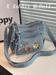 Mini Fashionable Floral Embroidered Jeans Multi-Pocket Crossbody Bag – Versatile Women's Shoulder Bag, Small Jeans Bag, Mom Bag With Adjustable Strap - Blue - View 2