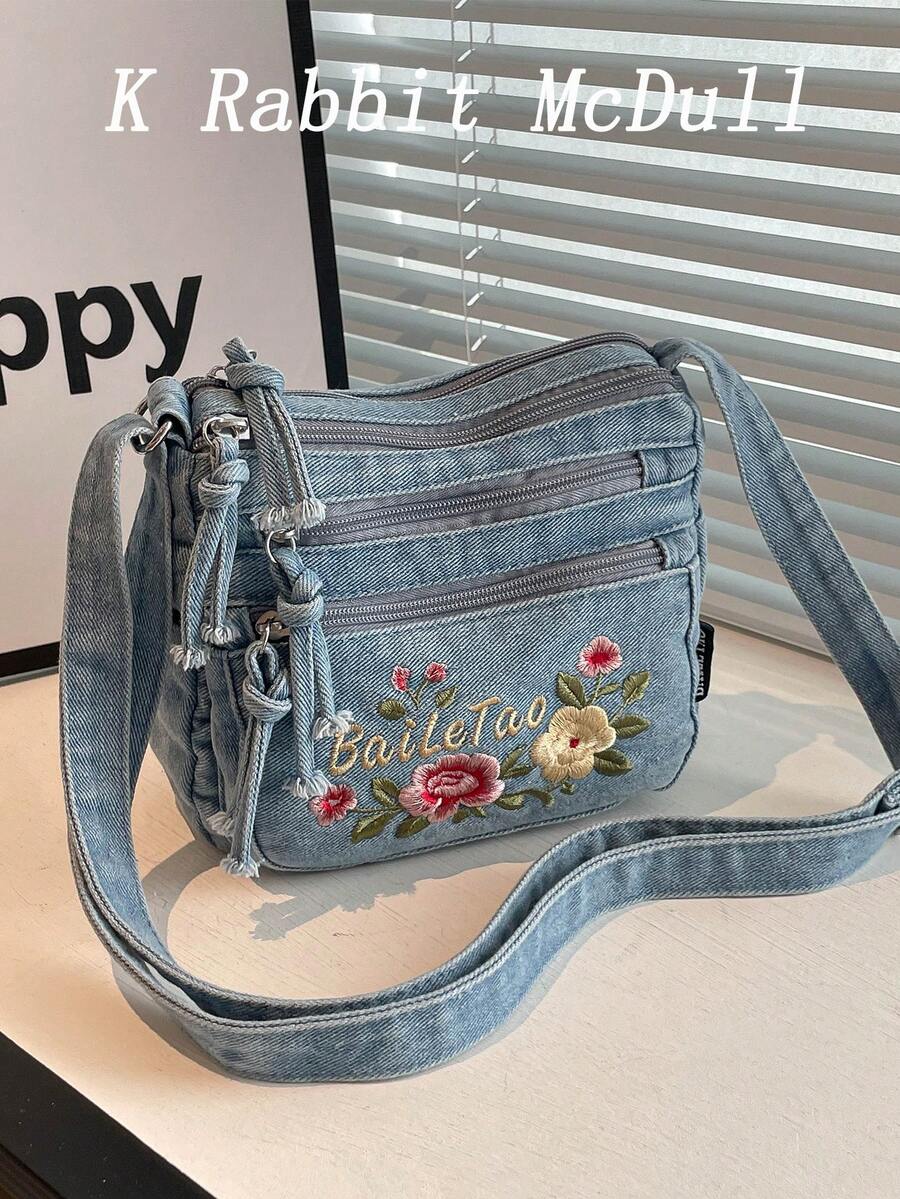 Mini Fashionable Floral Embroidered Jeans Multi-Pocket Crossbody Bag – Versatile Women's Shoulder Bag, Small Jeans Bag, Mom Bag With Adjustable Strap