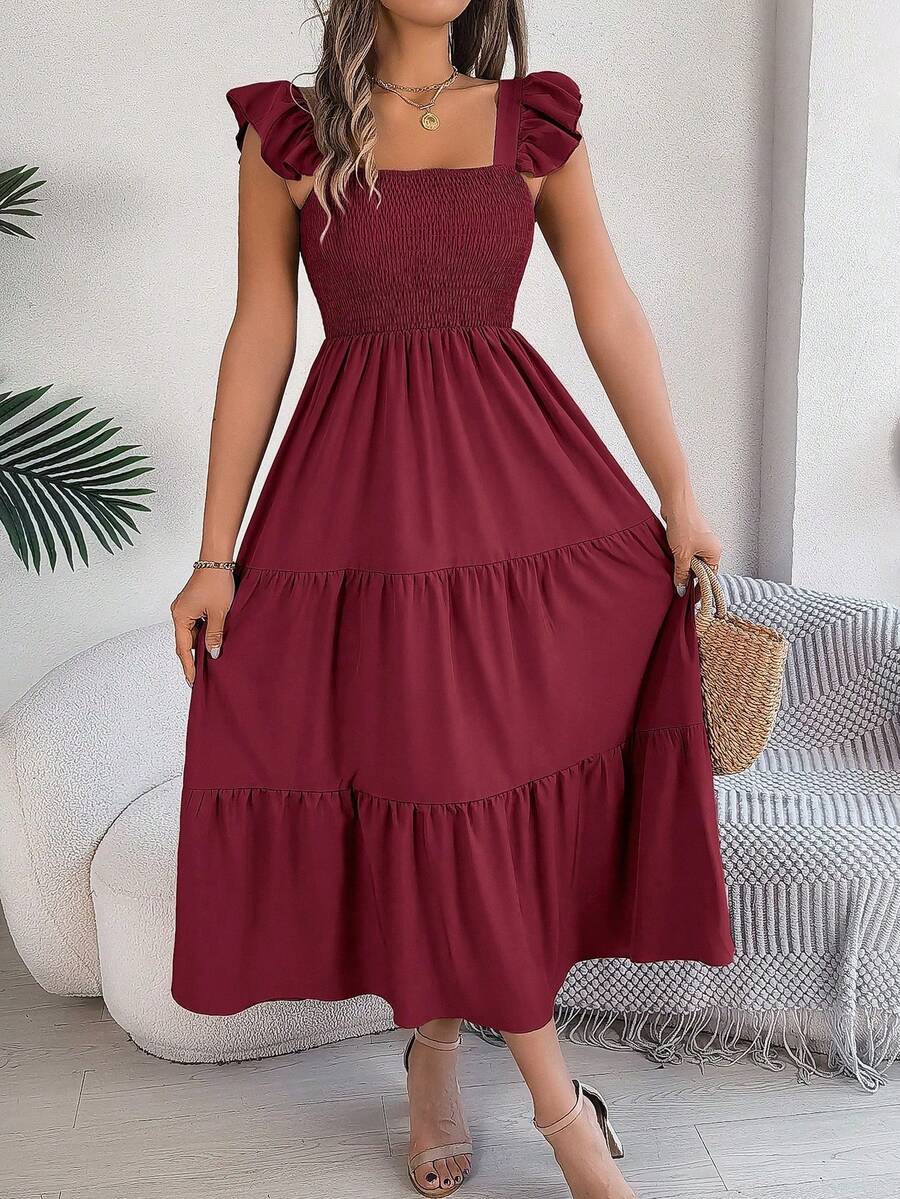 Elegant Olive Green Summer Midi Dress With Square Neck, Sleeveless, Ruffled And Open Back - Bordeaux - View 1