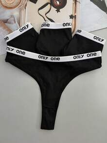 4pcs Women's Multi-Color Letter Print Comfortable Sports Fashion Thongs, All Season - Black - View 4