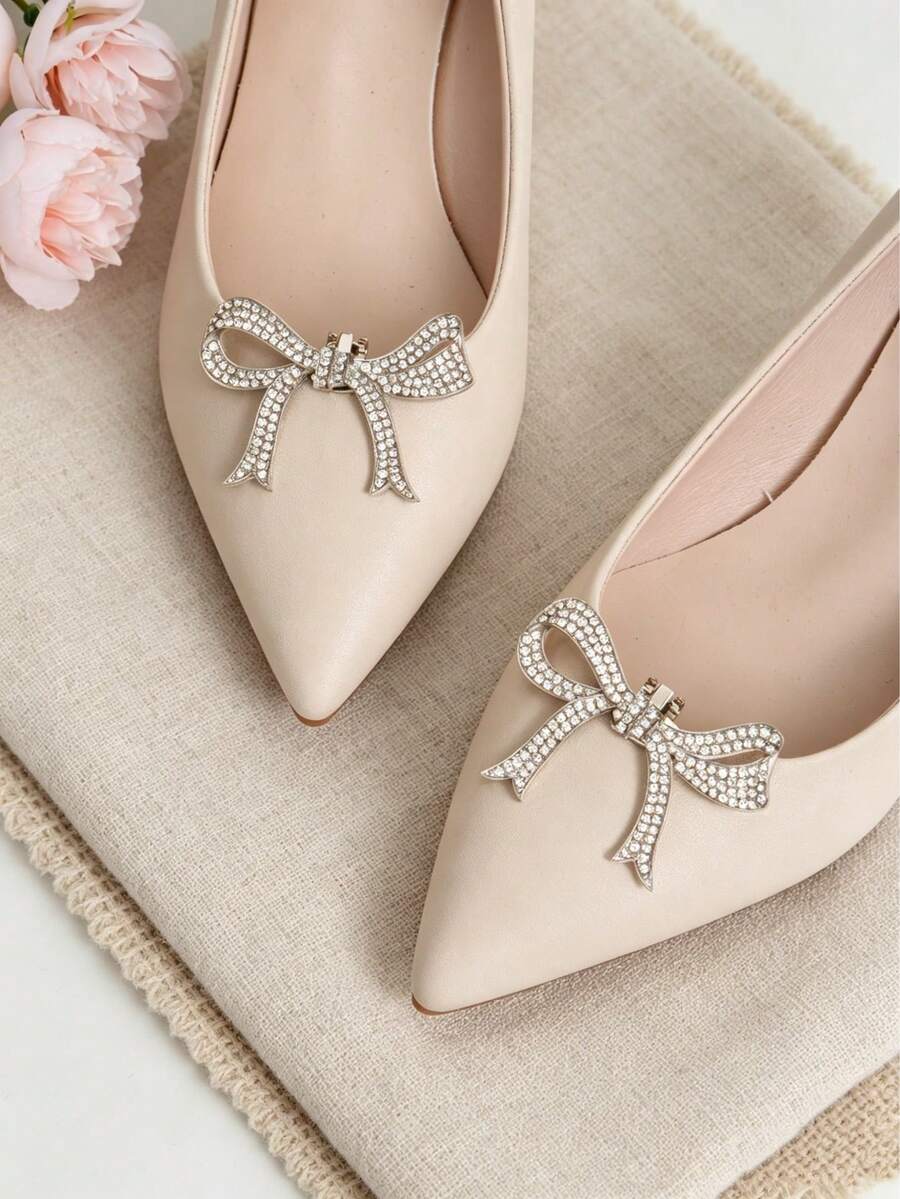 2pcs Detachable Shoe Decor White Rhinestone Metal Bow-Shaped Removable DIY Shoe Accessories Fashion Elegant Shoe Clips Buckles Black White Red Silver High Heels Shoes Women Shoes Decoration For Office Business - Silver - View 1
