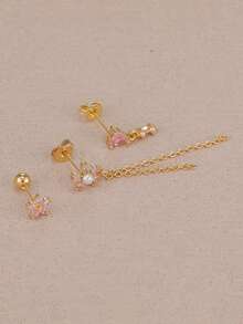 Bộ 3 đôi bông tai đinh hoa Zirconia hồng tua dài, bông tai hình trái tim bằng thép không gỉ và đồng cho nữ, trang sức tiệc cưới, quà tặng Ngày lễ Tình nhân, mẹ, Ngày của Mẹ - Bộ đồ hoa - Xem 8