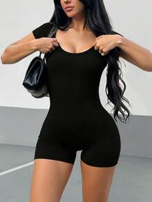 AiTyi Women's Jumpsuit Summer U-Neck Black Daily Casual Slim Sports Versatile,Business,Y2K, Ins, Going Out,Back To School, Independence Day,Fall - Black - View 1