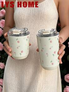 1 pieza Vaso aislado de acero inoxidable de doble pared con capacidad de 280ml-380ml, con diseño pintado a mano de tulipanes morados, botella de agua, apto para gimnasio, oficina, hogar, exterior, regalo para viajes, graduación, día de la madre - Rosa roja pintada a mano de 380 ml - Ver 5