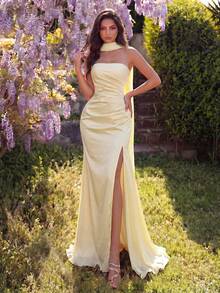 Faeriesty Strapless Ruched Waist Women's Evening Dress - Elegant Dress With Charming Ruched Bust Design, Suitable For Parties And Banquets Party Wedding - Light Yellow - View 3
