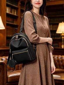 Large Capacity Solid Color Nylon Fabric Women's Backpack Classic Style Women's Bag - Black - View 3