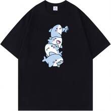Algodón Estilo Suelto, Lindo Estilo Peque?o Tiburón Impresión Camisetas, para S-3XL Black L - Negro - Ver 2