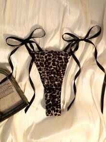 Bra Cup Seperempat Model dengan Motif Leopard dan Patchwork Renda Jala serta Celana Dalam Terbuka di Selangkangan, Set Pakaian Dalam Seksi untuk Wanita - MultiWarna - View 4