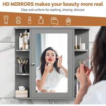 Wall Mounted Mirror Bathroom Medicine Cabinet With Adjustable Open Storage Shelves, Bathroom Wall Organizer Cabinet With Mirror Door & 6 Customizable Shelves - Grey - View 6