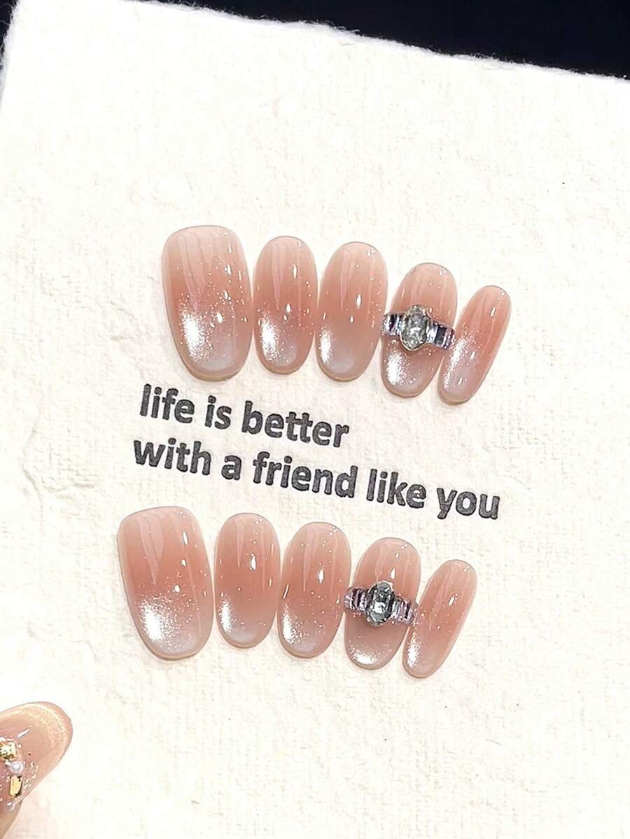 10pcs Handmade Oval Press-On Nails, DIY Acrylic Short Pink Cat Eye Nail ...