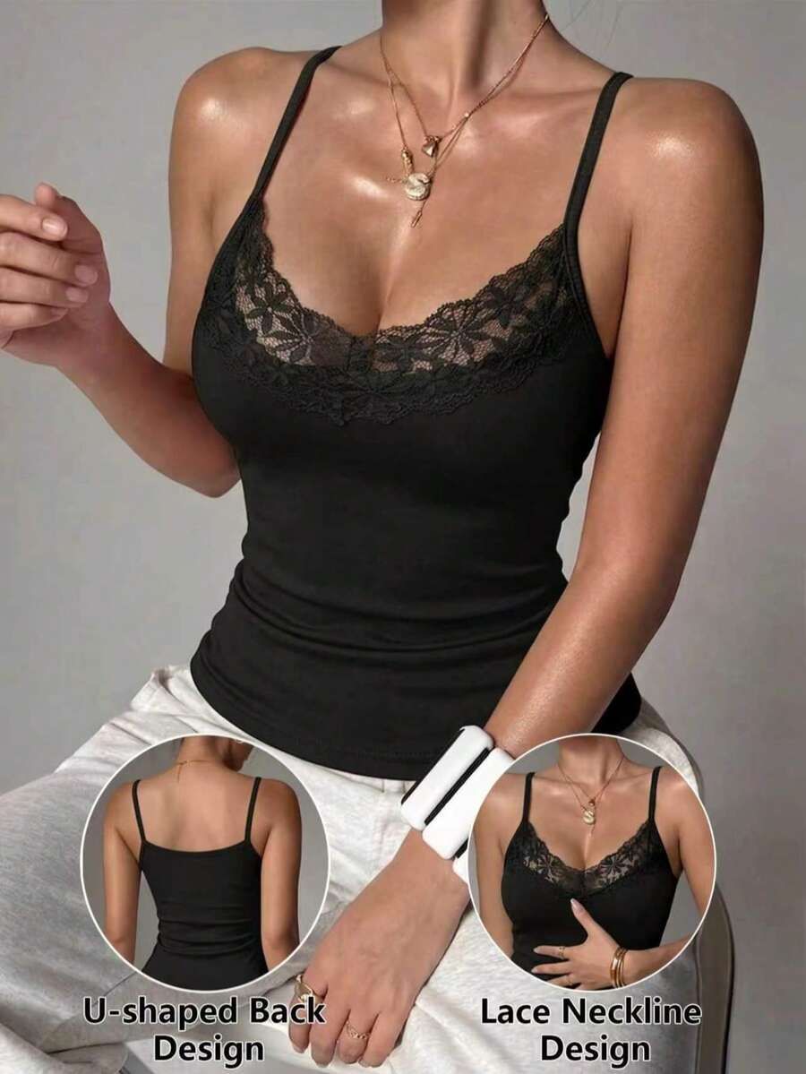 Sexy Style Lace Patchwork Backless Camisole, Elastic Slimming Tank Top For Outerwear And Layering - Black - View 1