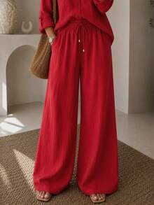 Women's Solid-Color Fall Casual Resort Set: Two Pieces Set Featuring A Collared, Front-Buttoned Blouse And High-Waisted Straight-Leg Pants With Drawstr - Red - View 4