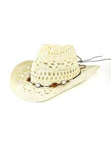 1 pieza Sombrero de vaquero unisex con decoración de piedras preciosas, sombrero de paja con estampado hueco, adecuado para primavera/verano, viajes, playa, protección solar casual. (Después de recibir el producto, si el ala está deformada, se necesita ajustarla manualmente de vuelta a su forma) - Cuentas blancas - Ver 21