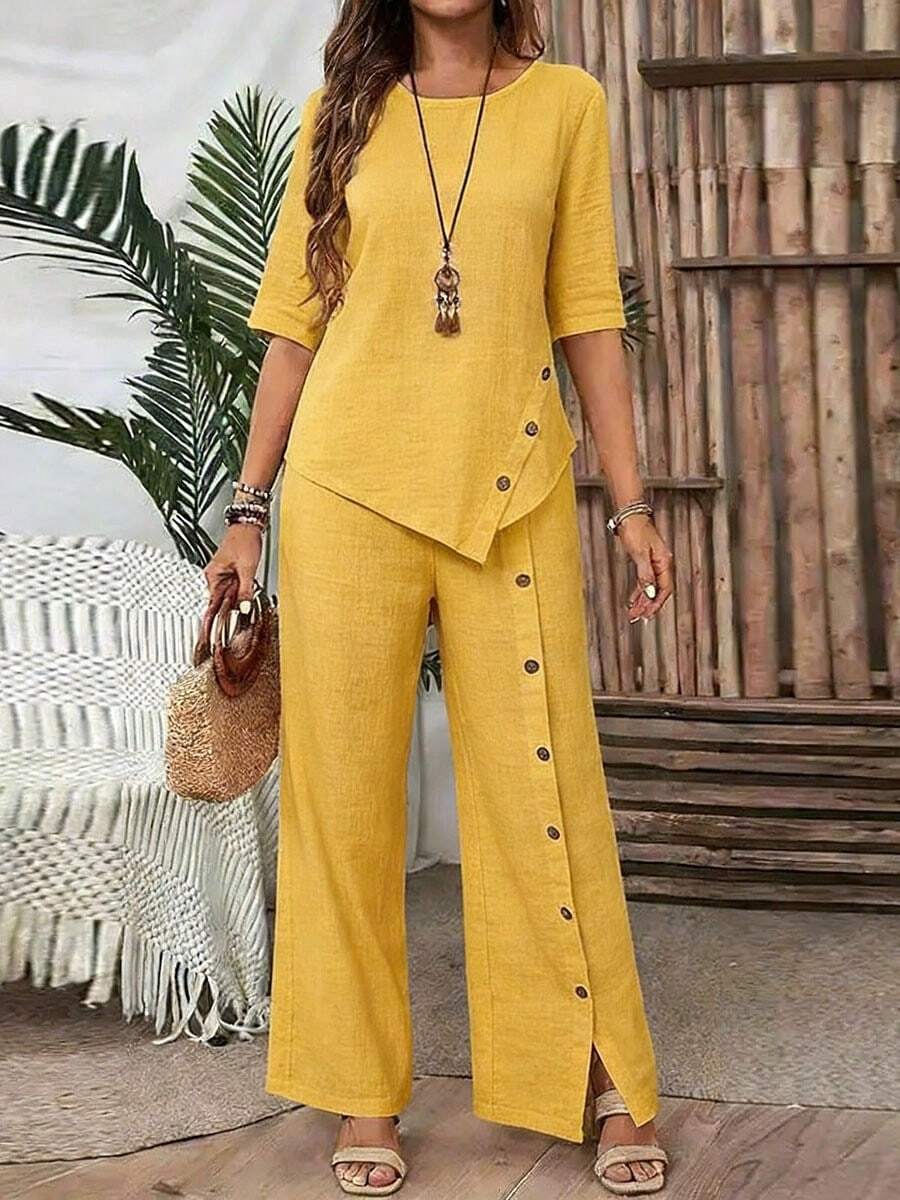 Conjunto de Dos Piezas para Mujer 2025: Summer de Corte Irregular y Camisa de Media Manga con Botones, Elegante, Casual y Holgado - Amarillo - Ver 1