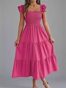 Vestido midi de verano con cuello cuadrado, sin mangas, con volantes y espalda abierta, color verde oliva elegante - Rosa Fucsia - Ver 1