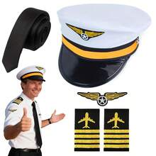 4件組航空機長帽裝扮配件套裝，Cosplay服裝套裝，包含白色機長帽、領帶、臂章、徽章，成人角色扮演套裝，適合派對裝扮、萬聖節、世界書日和嘉年華活動 - 彩色 - 查看 1
