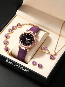 1pc Girls Purple Cartoon Star & Number Pattern Wristwatch And 5pcs Heart Rhinestone Decor Jewelry Set Gift - Purple - View 2