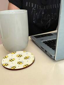 1/6/12入黃白條紋卡通木製杯墊，可愛波點蜜蜂滿版圓形木杯墊，防滑杯墊，適合春夏農舍風居家廚房吧台咖啡桌裝飾，派對禮物，桌面裝飾 - 彩色 - 查看 4