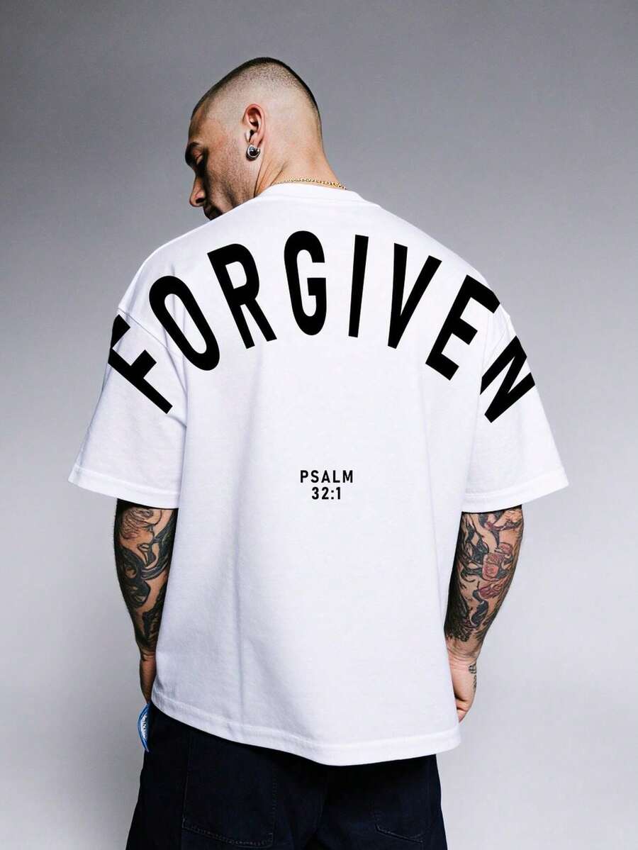 Christian Forgiven T-Shirt, T-Shirt With Bible Verse Psalm 3:21, Minimalist Faith T-Shirt For Everyday Wear, Men's Clothing, Graphic T-Shirts For Men, Men's T-Shirts - 白色 - 查看 1
