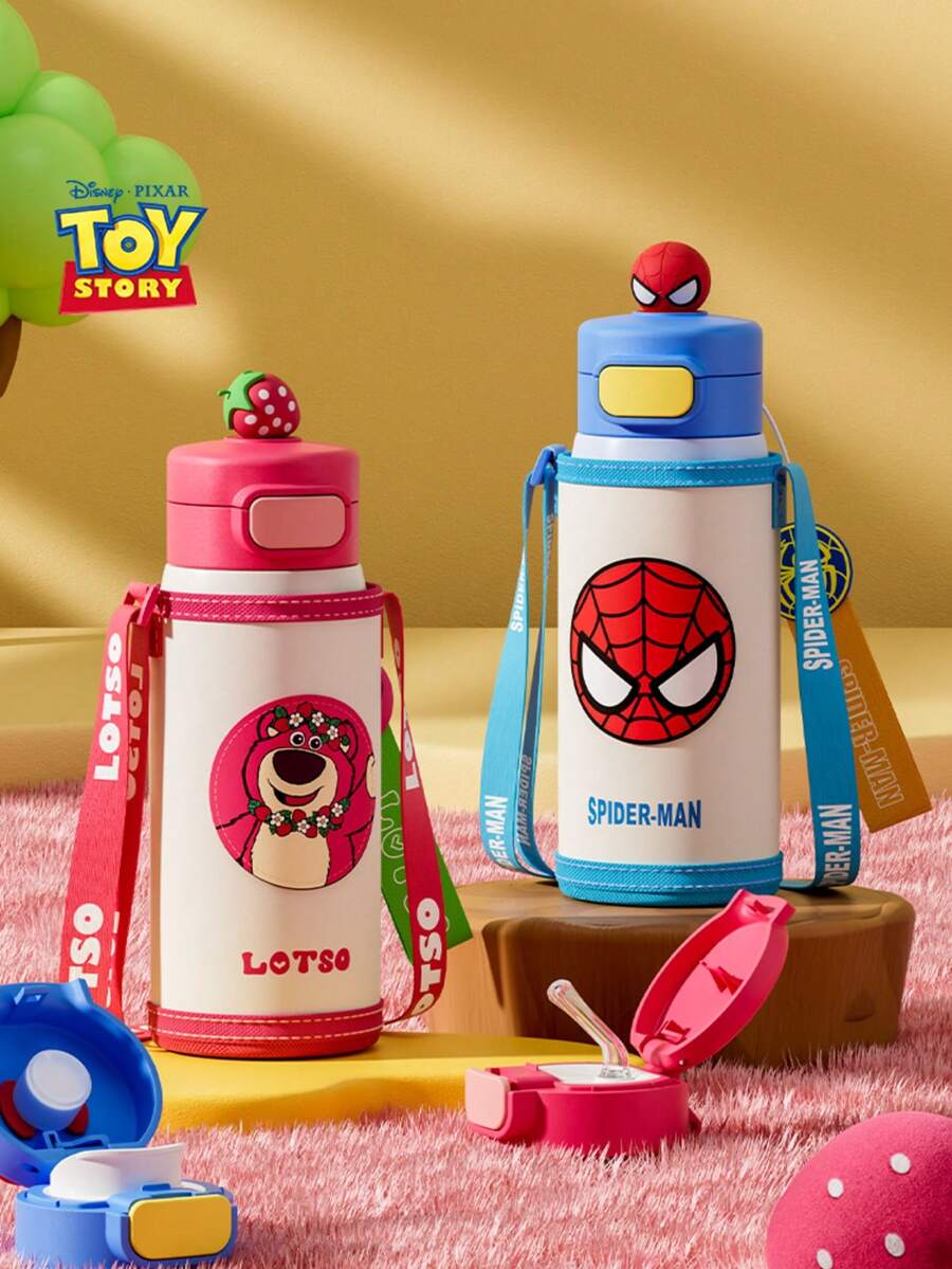 Botella de agua aislada Disney para niños con pajita, botella de agua escolar, gran capacidad, tapa dual, botella de agua aislada para beber directamente 600ml