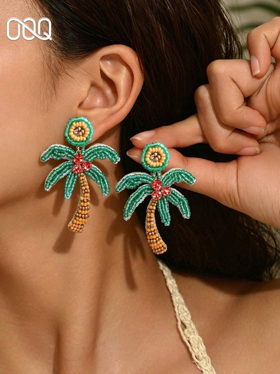 OOQ 1 Pair Handmade Colorful Beaded Coconut Tree Earrings, Bohemian Vacation Style Palm Tree Bead Earrings, Suitable For Women's Daily, Vacation, Party Wear (Handwoven Raffia, Random Shape) - Green - View 1