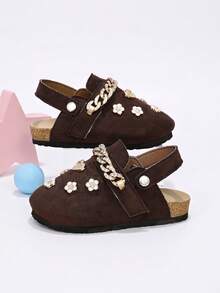 Girls' Formal Closed-Toe Mule Shoes, 2-Way Wear, Coffee Brown With Gold Rhinestone Chain Strap, 3D Heart And Flower Decor, Suitable For All Seasons - Coffee Brown - View 5