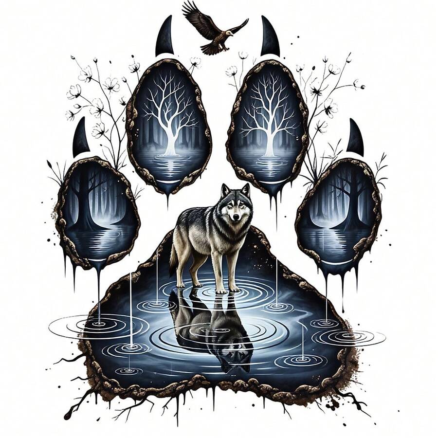 1/2/3PCS Durable Washable Heat Transfer Vinyl, Wolf Paw Tree Hole Lake Water Lone Wolf Reflection Withered Forest Eagle Dry Branch Ink Splatter Pattern Color Heat Transfer, Vinyl Print, Heat Transfer Sticker, Iron-On Transfer Sticker Decal - Suitable For Pillows, DIY, Backpacks, T-Shirts, Canvas Bags, Sweatshirts, Jeans, T-Shirts, Clothing, Sewing Supplies