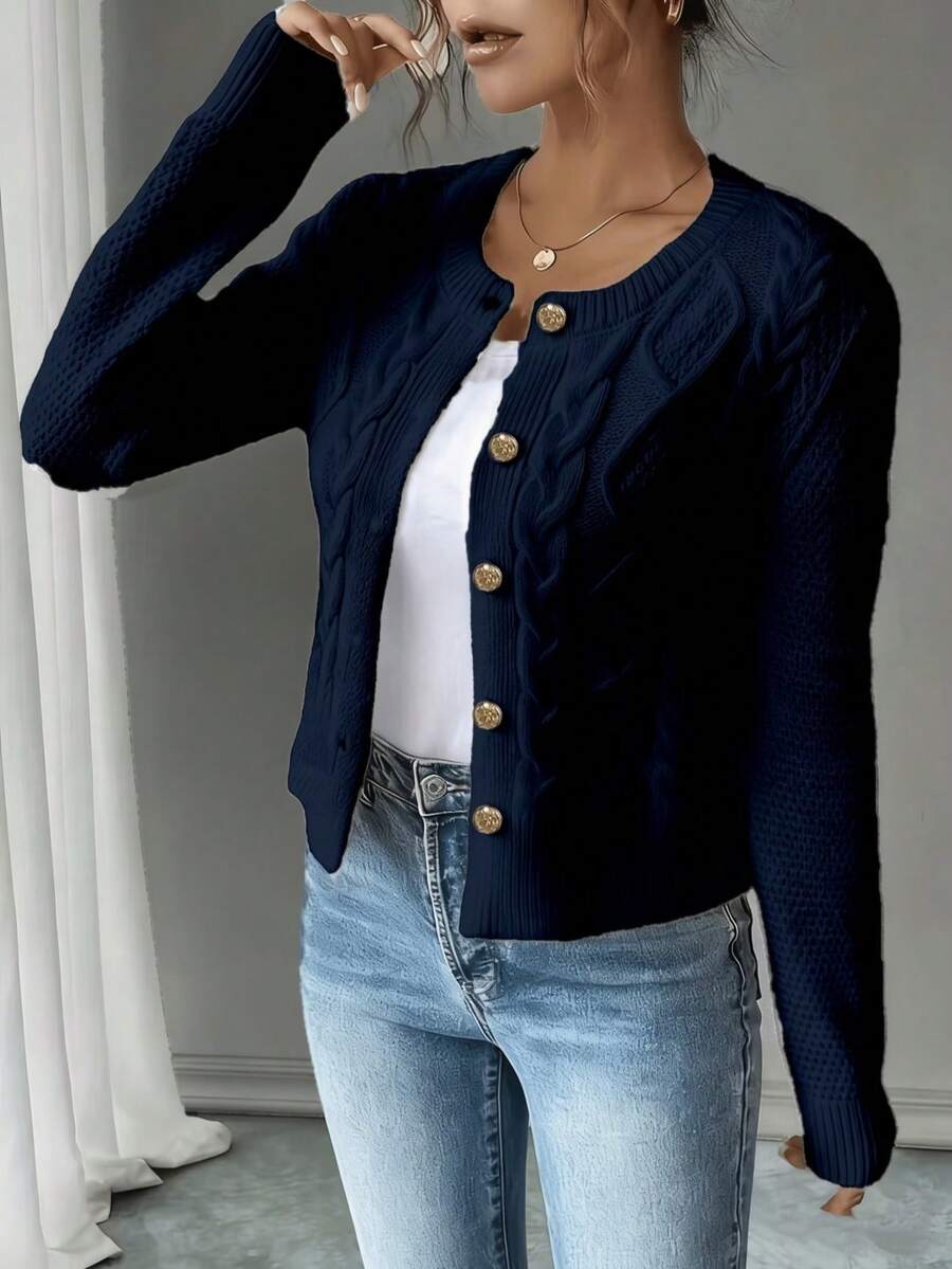 Women's Autumn/Winter Knit Cardigan Sweater, Short Length Long Sleeve Top, Layering Piece Fall - Navy Blue - View 1