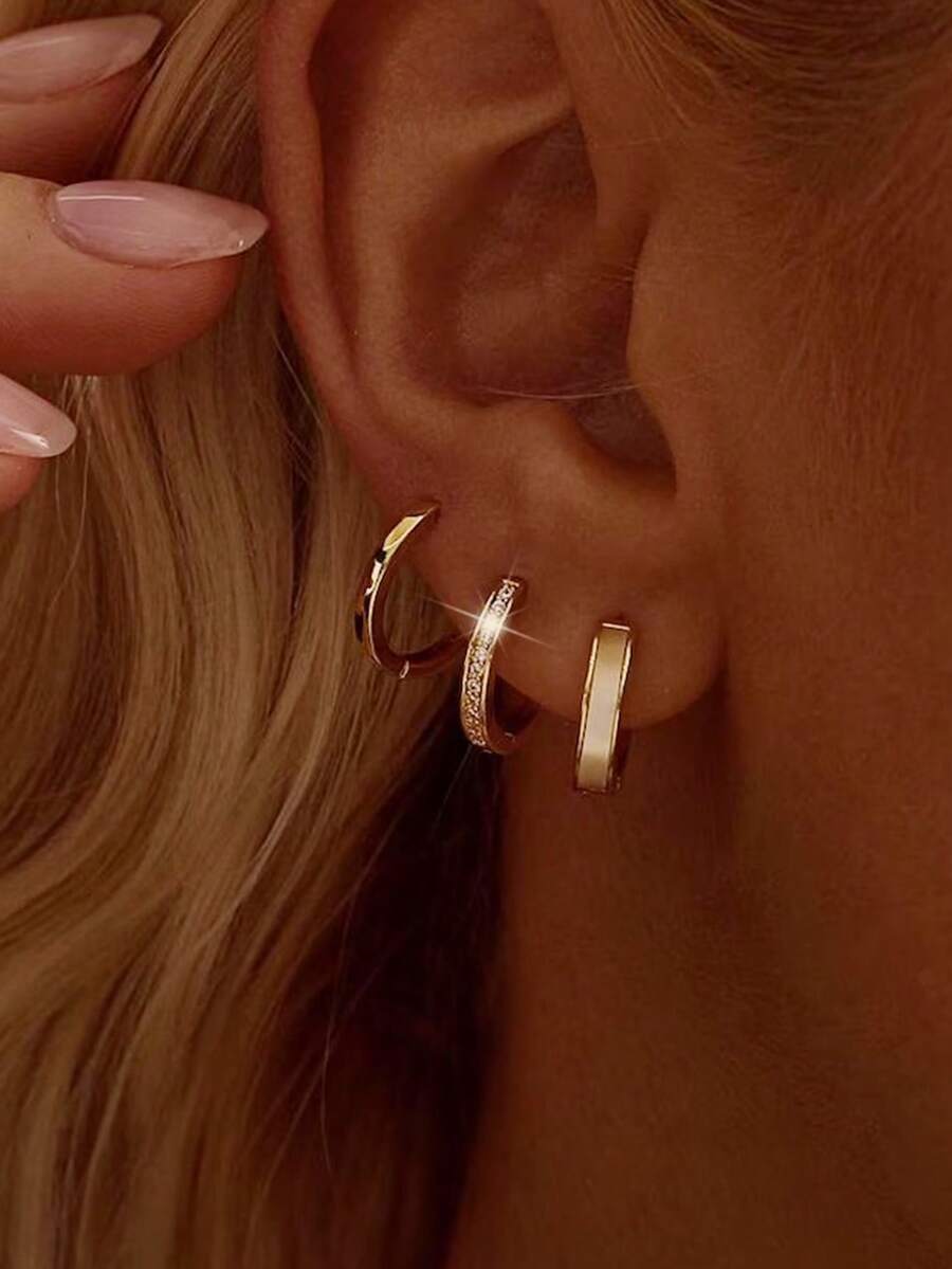 6pcs/Set Women's Gold Round Hoop Earrings Set, Copper With Zirconia, Hypoallergenic, Small Huggie Hoops, Lightweight Mini Thick Design, Fashionable Versatile, Stackable For Multiple Ear Piercings, Suitable For Women's Vacation, Date, Party, Holiday, Birthday Gift, Daily Wear - Yellow Gold - View 1