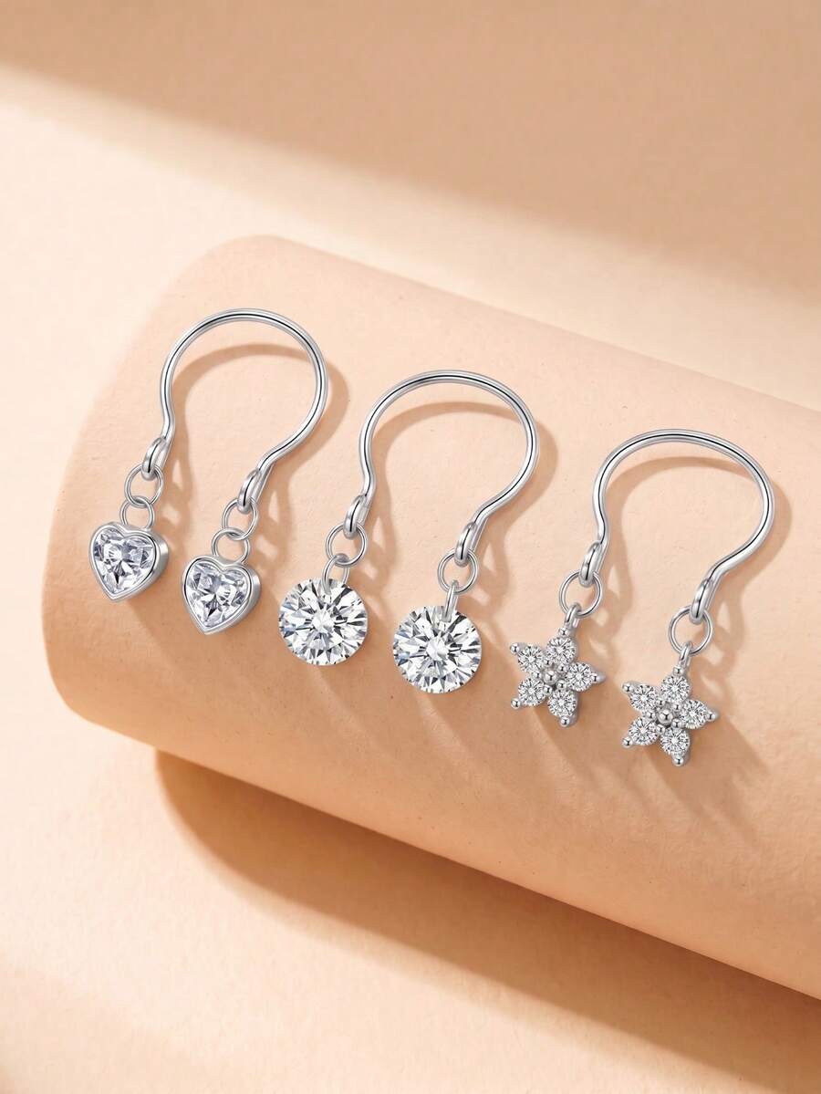 2件組免穿孔耳環式吊墜飾品,心形與花朵CZ可調節不鏽鋼假穿孔乳頭飾品,適合女性與男性,舒適時尚的假穿孔設計 - 銀色 - 查看 1