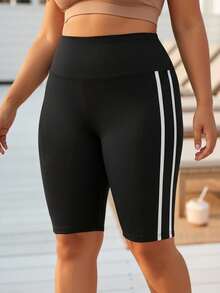 Plus Size Women's High Elasticity Solid Color 5-Inch Biker Shorts With White Side Stripe Design, Casual Comfortable Fashion Knit Leggings For Sports And Outings - Black - View 6