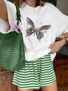 Glamorous Silver Rhinestone Butterfly Graphic T-Shirt, 100% Cotton Oversized Soft Breathable Elegant Tee, Casual Crewneck Short Sleeve Top For Parties & Fashion Lovers - 白色 - 查看 10