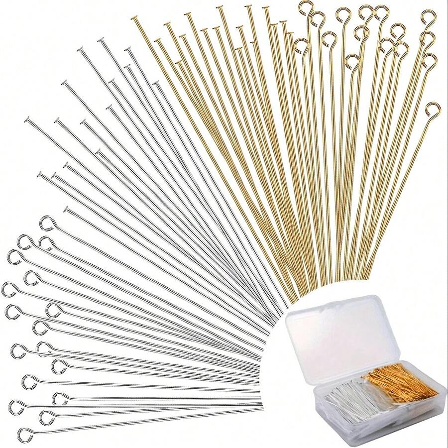 [600pcs Flat Head Jewelry Pins] 600pcs 2 Inch Flat Head Eye Pins For DIY Jewelry Making, Straight Head Eye Pins Gold And Silver Jewelry Making Pins Metal End Pins For Craft Earrings Bracelets Necklaces Pendants Supplies - 5.0cm Needle - View 1