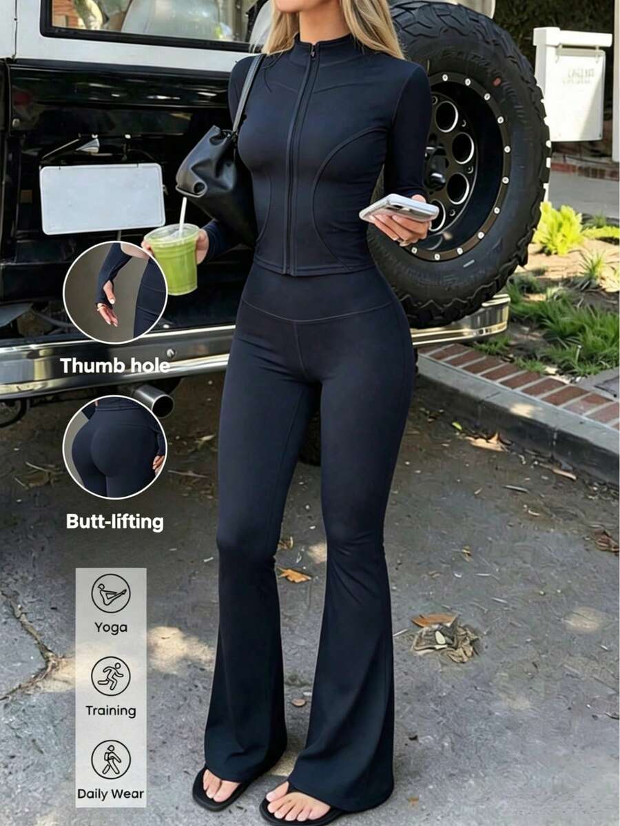 Aoqta Sports 女款休閒瑜伽兩件套,長袖拉鍊立領上衣與高腰修身喇叭褲,適用瑜伽、跑步、健身、日常穿著 - 藏蓝色 - 查看 1