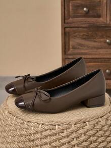 MonaNise Square Toe Low Block Heel Work Pumps - Brown - View 4