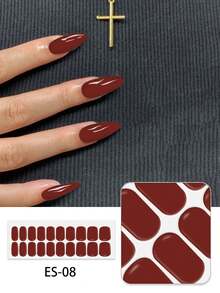 20pcs Semi-Cured Gel Nail Stickers, Long-Lasting Salon-Quality Nail Art, Easy To Apply And Remove, Requires UV Lamp - Redwood - View 2