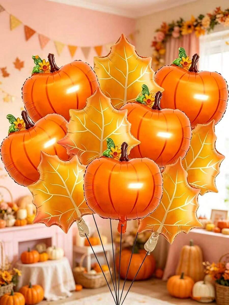 10pcs Harvest Pumpkin And Maple Leaf Foil Balloon Set, Thanksgiving Autumn Theme Party Decoration Orange Foil Balloons - Maple Pumpkin - View 1
