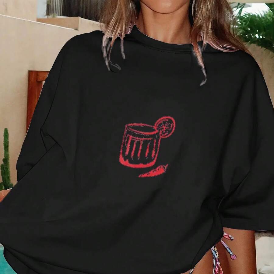 New Summer Lightweight Women's Shirts, Women's T-Shirt With Graphic Print, Oversized Cut And Round Neck; Basic Casual Top For All Seasons; Women's Clothing For Everyday Wear - 黑色 - 查看 1