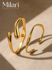 18K Gold Plated Stainless Steel Waterproof Tarnish Free Wavy Liquid Metal Waterdrop Open Cuff Hinged Bangle Set Minimalist Fashion Jewelry - Liquid Metal Art - View 11