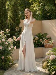 YOUKEFEIER Minimalist Sexy Backless Bohemian Style Outdoor Chiffon Wedding Dress White Dress Suitable For Wedding Party - Beige - View 7